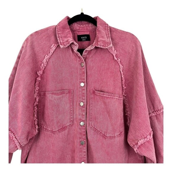 VICI Womens Size Small Pink Alberta Cotton Frayed Shacket - Picture 3 of 6